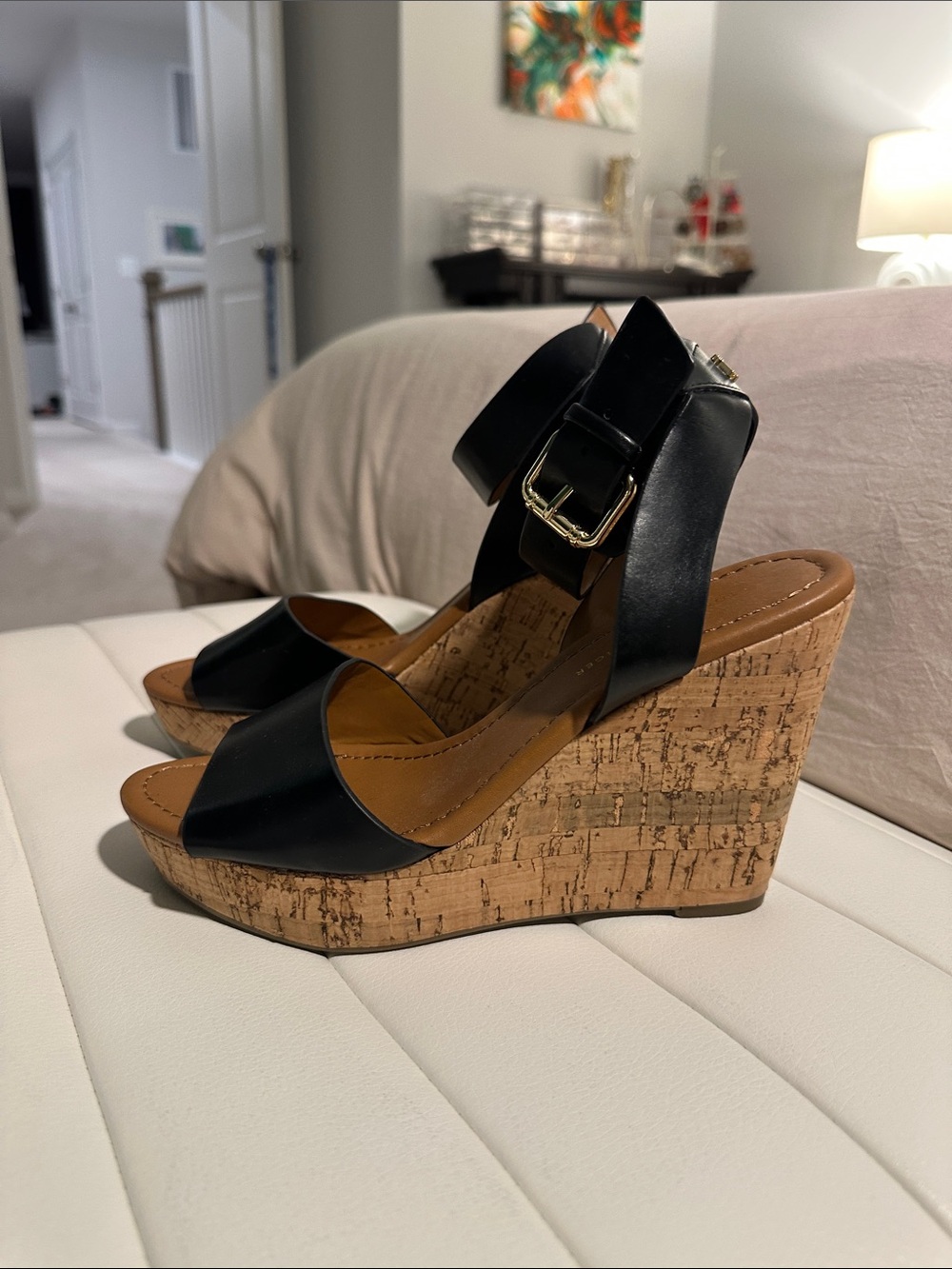 Tommy Hilfiger Black Leather Cork Wedge Sandals with Gold Buckle